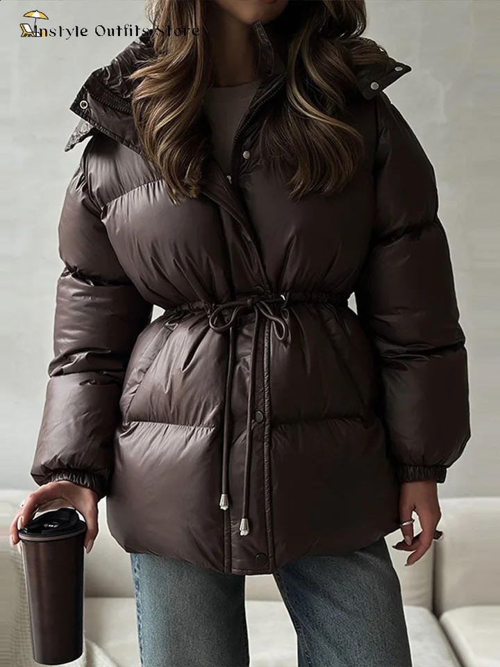 Casual Hooded Thicken Cotton Jackets Womens Loose Full Sleeves Zipper Laceup Coats Autumn Winter Ladies Solid Outwear 251021