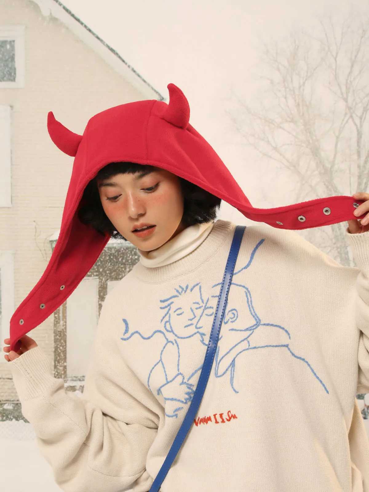 Japan Yabi Cute Devil Ears Cow Horn Thundeolt Hat Wen Autumn Winter Warm Suede Ear Protection Set Y2K BeaniesW251023