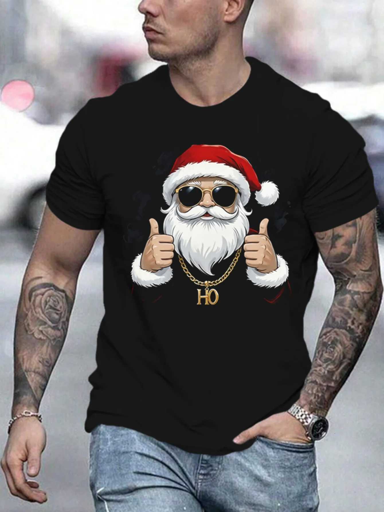 Mens Christmas Cool Santa Claus Gesture Print Tshirt Casual Slightly Stretchy Shortsleeved Crew Neck Tops Outdoor WearXJ251023