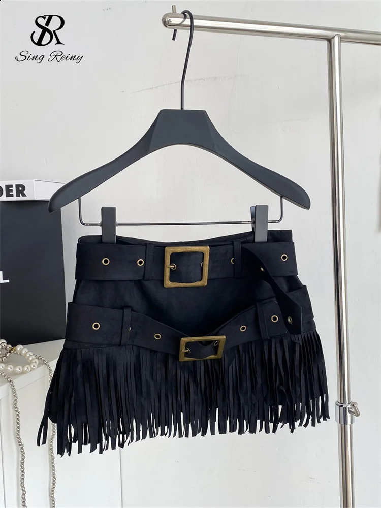 SINGREINY Sexy Girl Tassels Skirt Double Sashes Solid n Fashion Music Festival Outfits Women Slim Bodycon Short 251022
