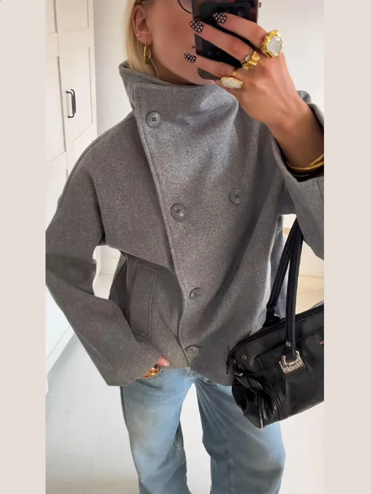 Casual Solid Turtleneck Pocket Coat Women Loose DoubleBreasted Full Sleeve Outwear 2025 Autumn Winter Office Lady Jackets 251018