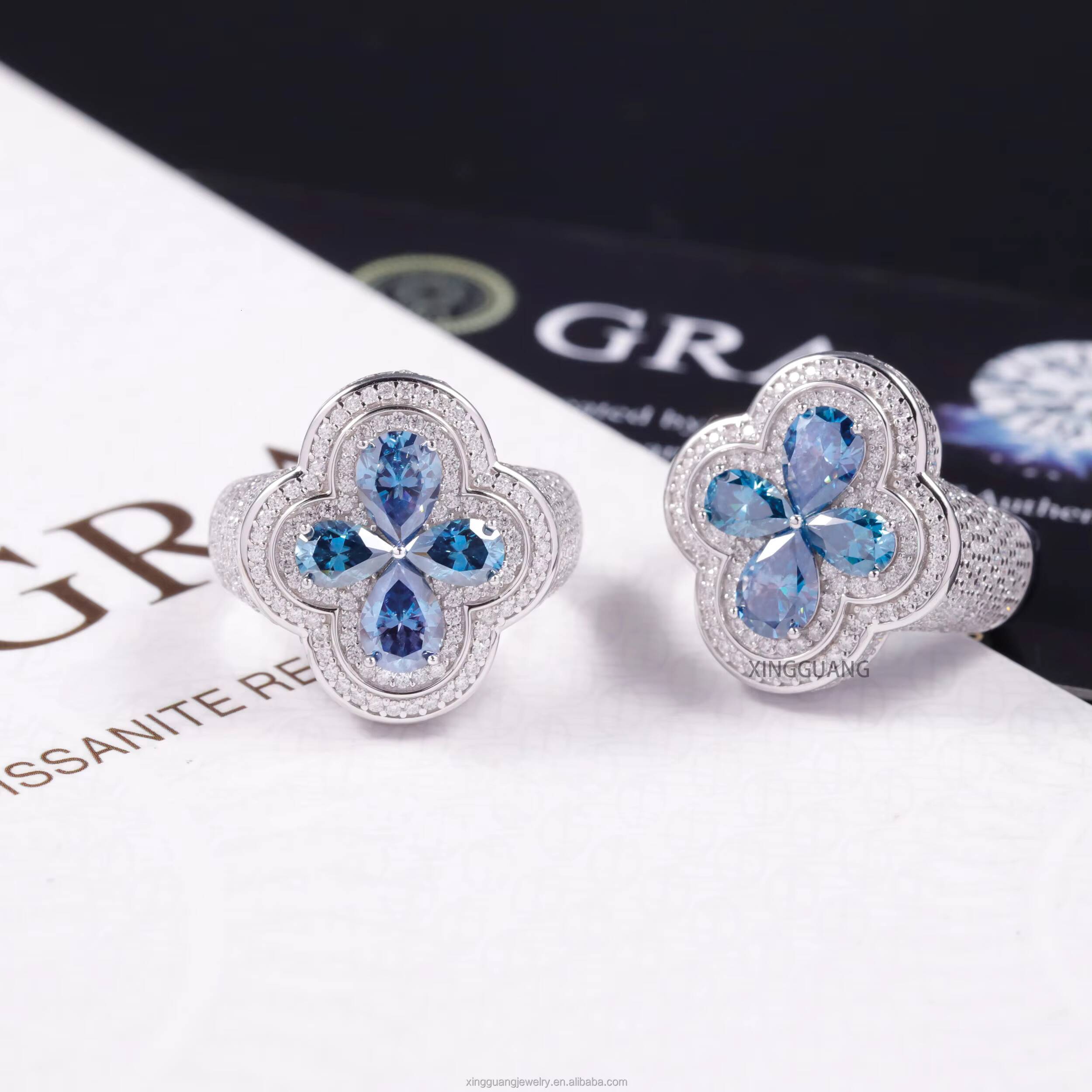Hot Selling New Arrival Colours Moissanite Ring S925 Silver with D Color VVS Moissanite Ring Hip Hop Clover Ring