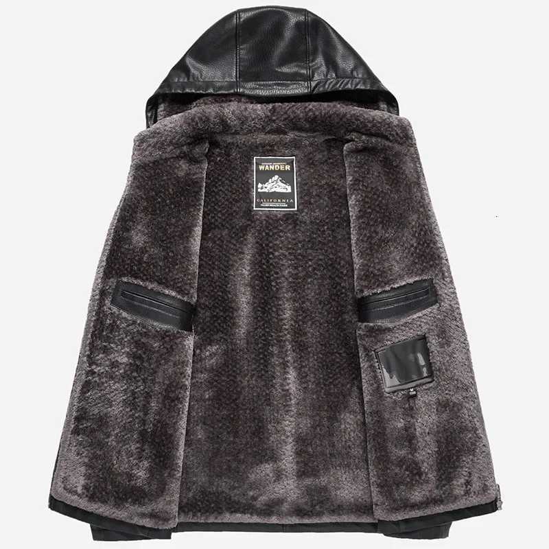 High Quality Middleaged Men Winter Leather Coat Thick Leather Detachable Hooded Jacket Warm Fleece Biker Jacket Men PU022 W251023