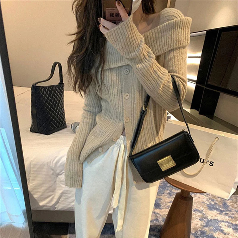 Y2K Sexy OffShoulder Sweater Pullover Women Stretch Slim Slash Collar Jumpers Sweaters Chic Single Breasted Knitted Pullovers 251023
