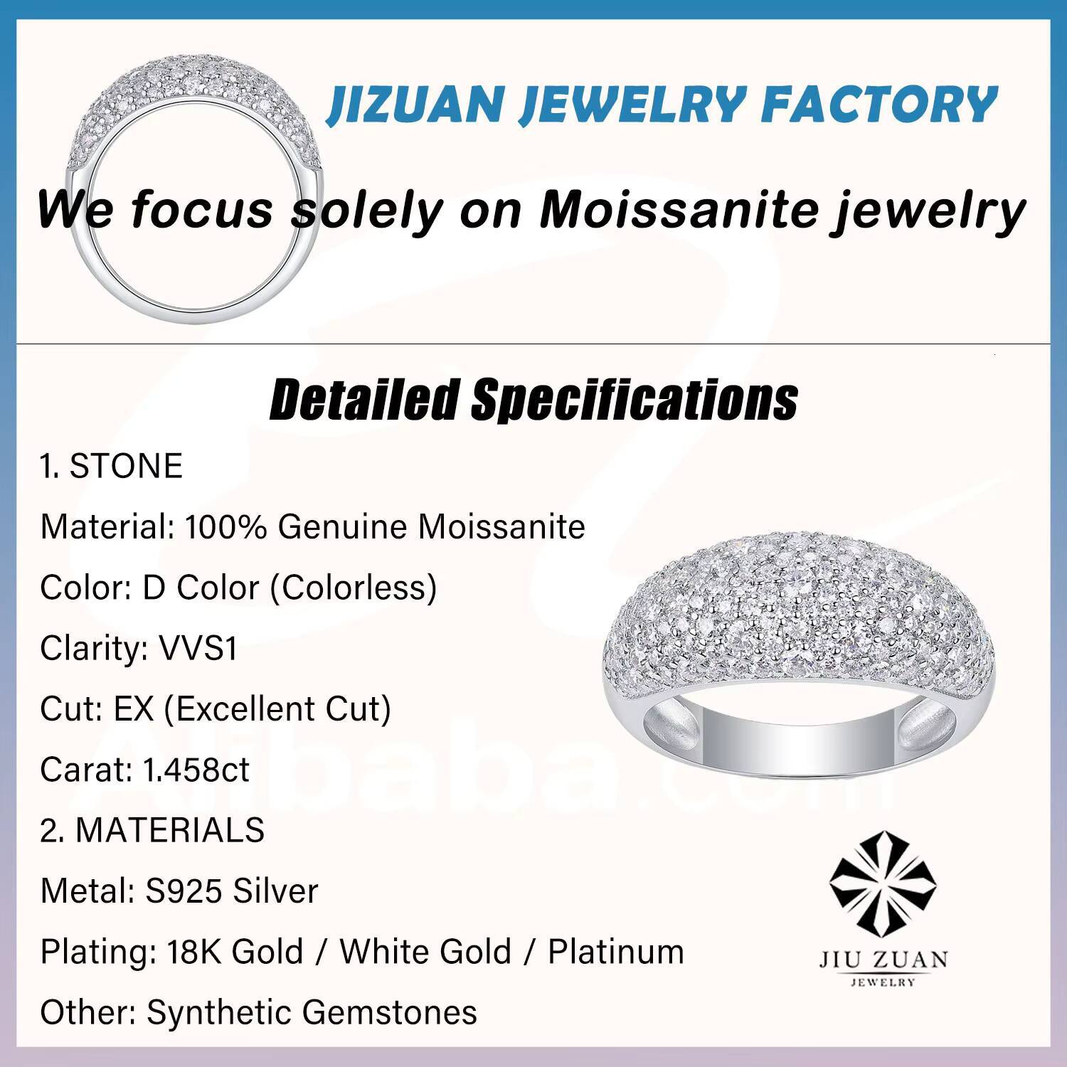 Luxury Moissanite Pav Ring S925 Sterling Silver 18K White Gold Plated Elegant Dome Design Jewelry for Women