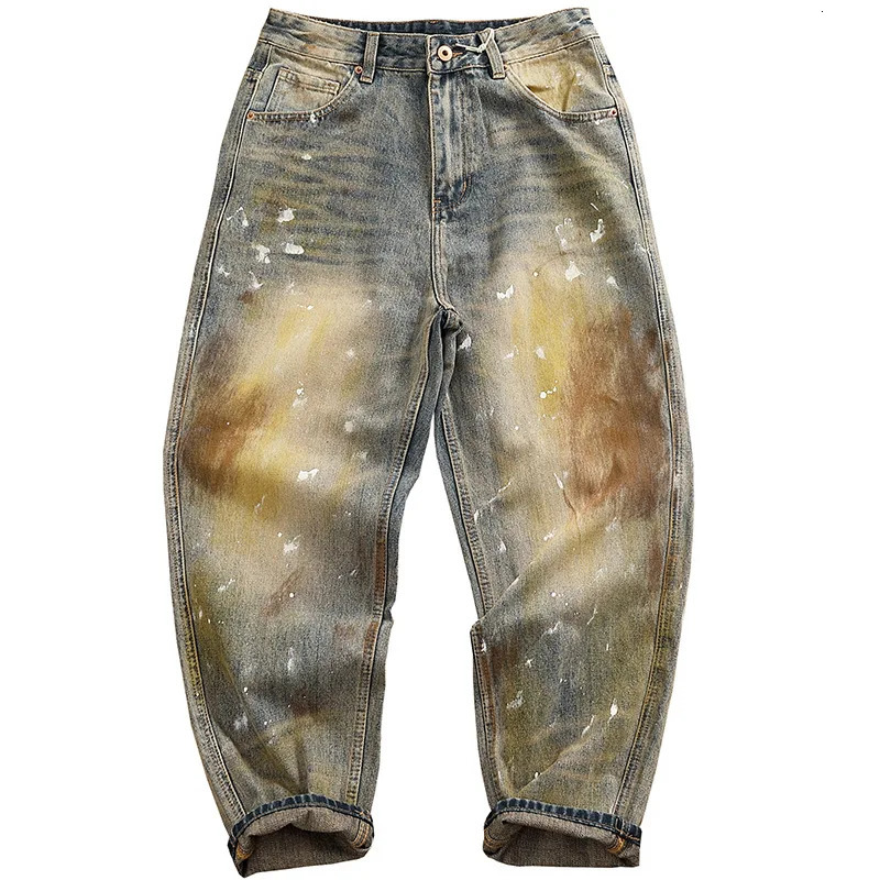 Autumn and winter heavyweight loose straight leg jeans for men personalized splashed ink vintage denim pants 251017