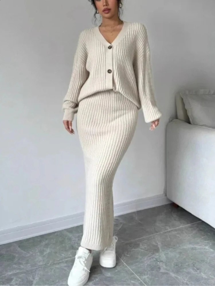 Autumn Winter Womens Loose Cardigan Two Piece Set Long Sleeved Vneck Sweater Jacket Hip Hugging Skirt Elegant Knitted 251016
