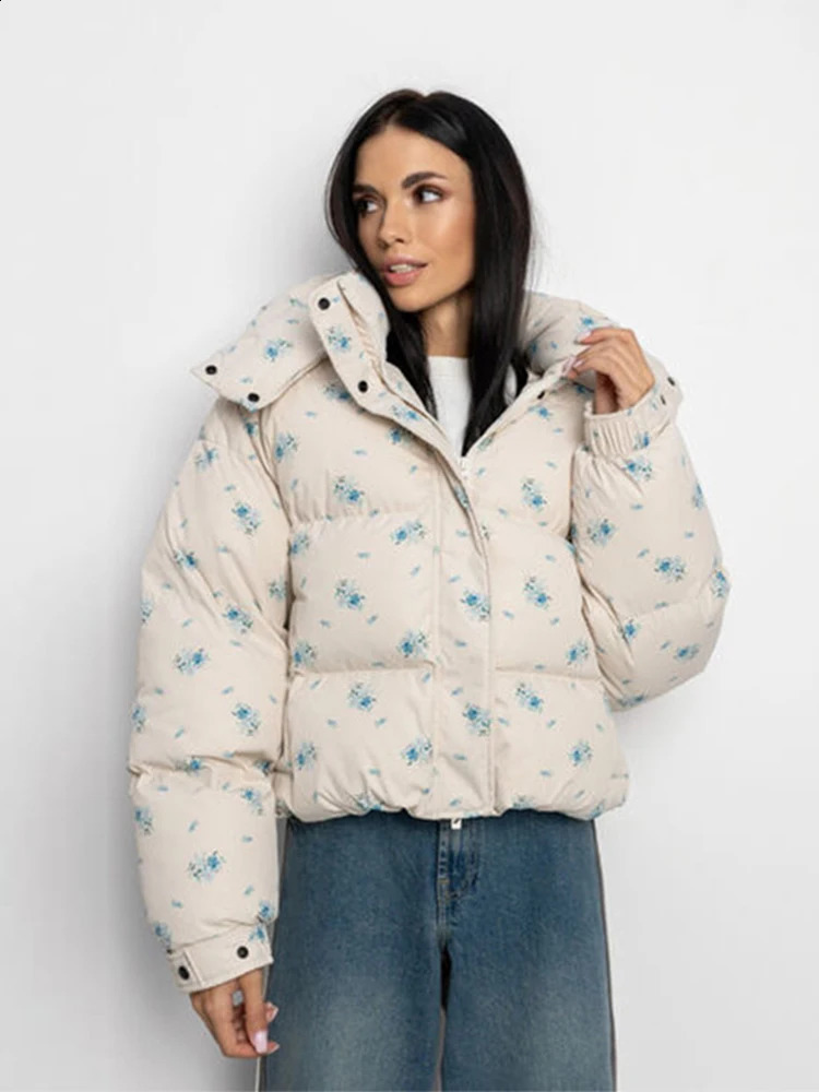 Floral Printed Quilted Womens Coats Detachable Hooded Thicken Long Sleeve Zipper Jacket Autumn Winter Daily All Match Outerwear 251021