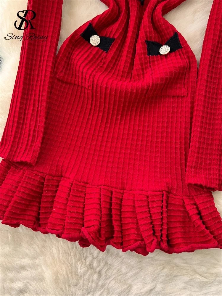 SINGREINY Chic Color Block Midi Dress Women V Neck Buttons Elastic Skinny n High Quality Knitting Sweater Ruffles 251022