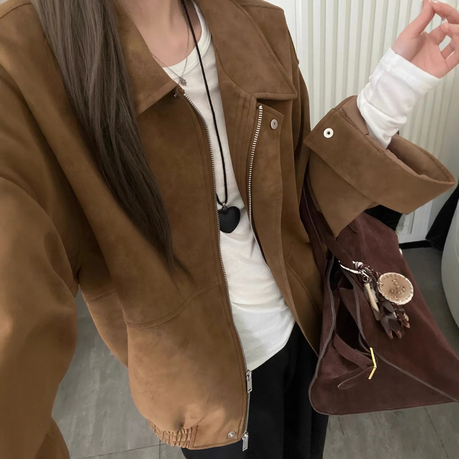 Retro American Suede Jacket Womens Loose Lapel MidLength Casual Spring Autumn Fashionable Top Full Sleeve Origin China 251013