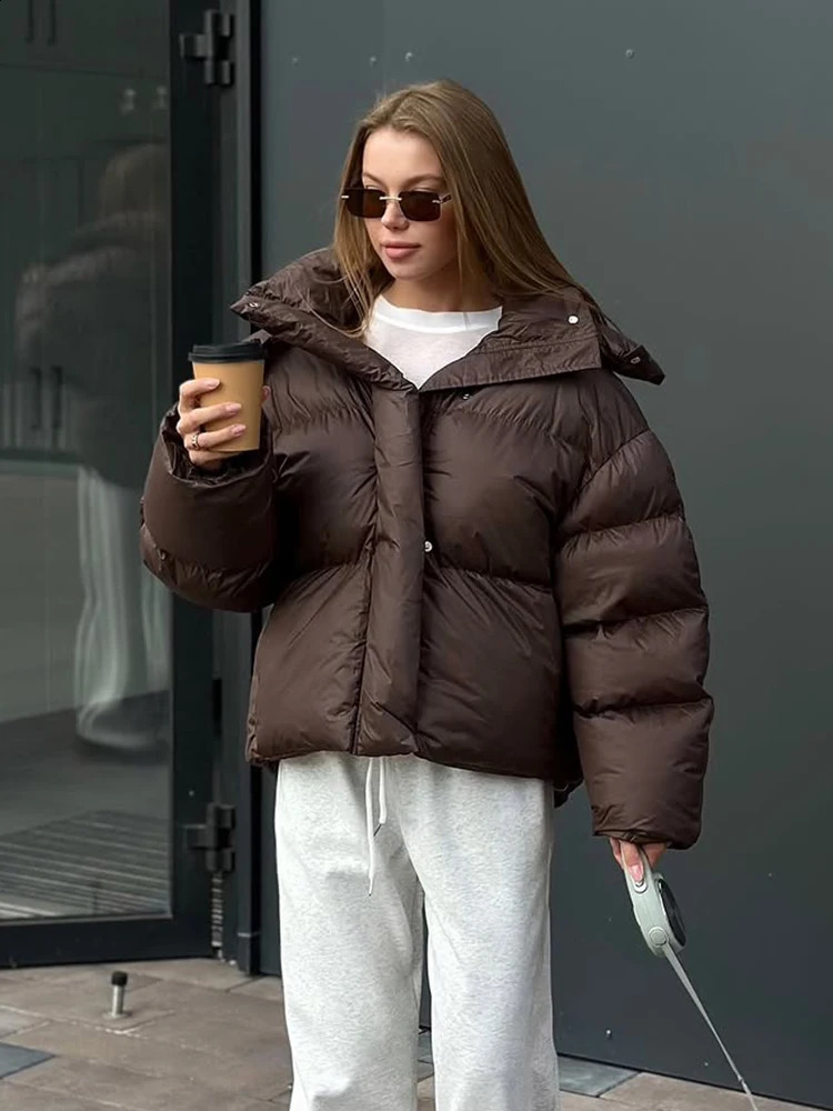 Women Autumn Hooded Short Cotton Coat Casual Brown Stand Collar Full Sleeve Loose Jacket Chic Lady Winter Office Commute Outwear 251021