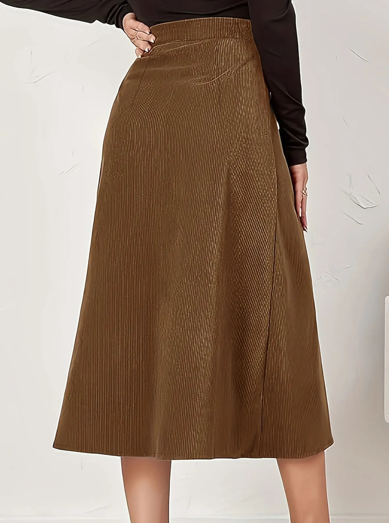 Dark brown Elegant woven half skirt for women plus size high waist Aline casual business womens 251022