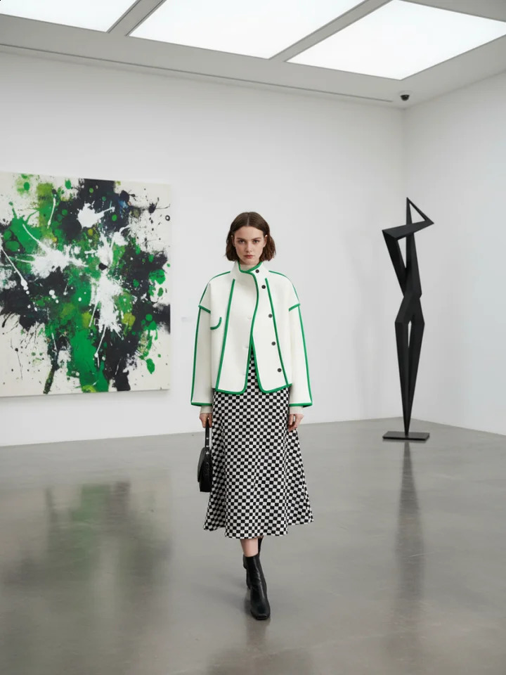 Freeacy Autumn Womens Coat Green Trim High Neck Buttoned Loose Fit Jacket Casual Woolen Outerwears 251013