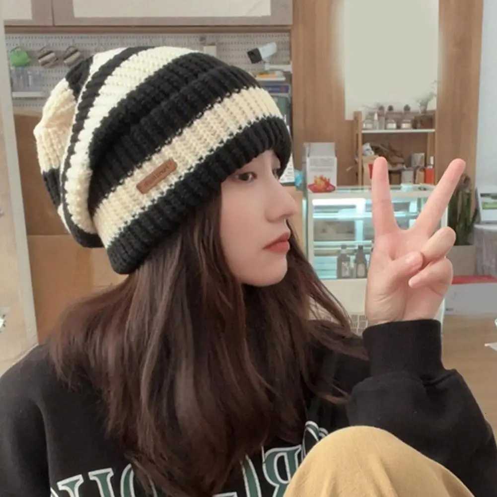 Striped Beanie Winter Hats For Women Knitted Retro Thickened Warm Baggy Cap Trendy Windproof Ear Protect Bonnet Female NewXJ251023