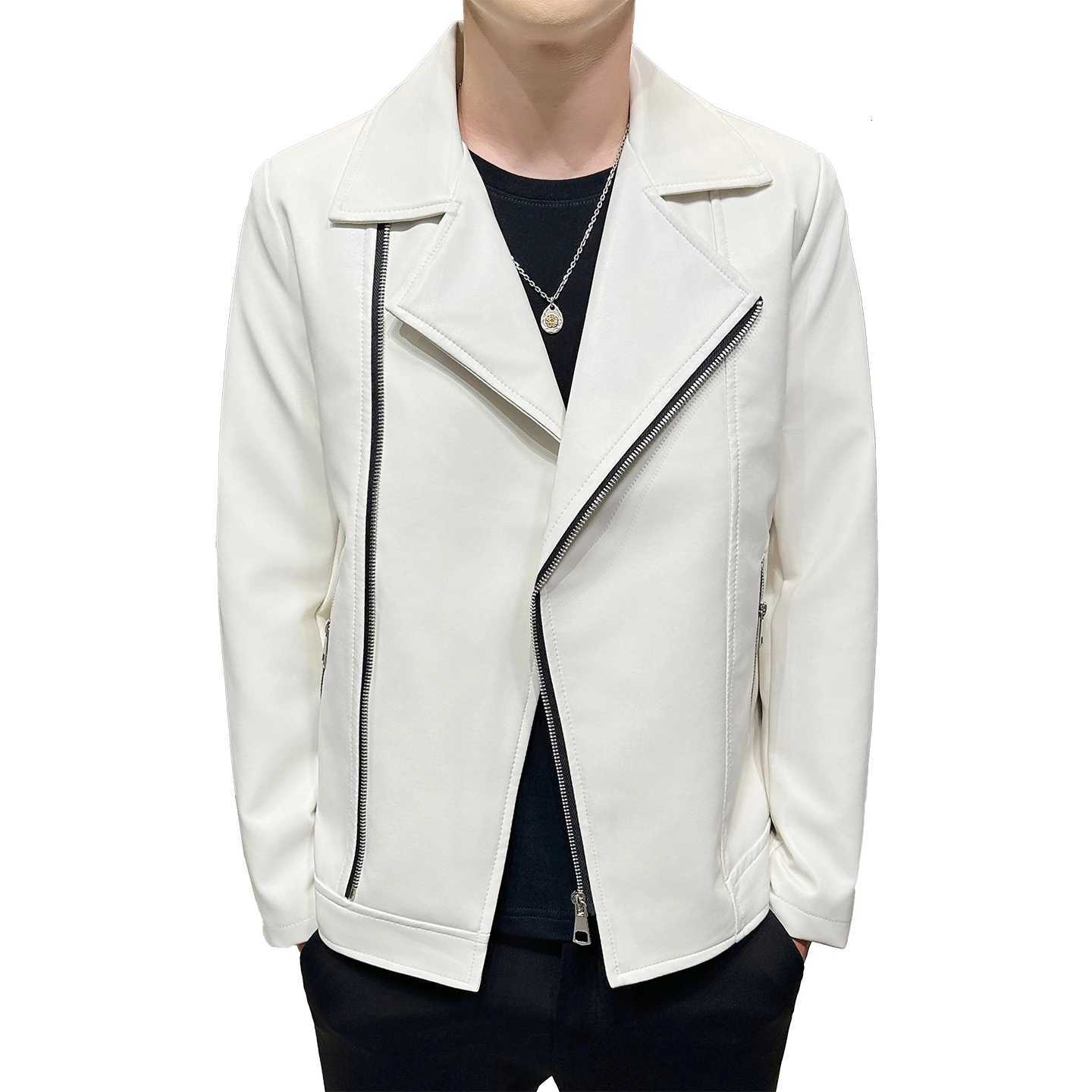 Autumn Mens Green Lapel PU Jacket Black Faux Leather Motorcycle Coats CoffeeBrown Casual Top Asian Sizes Fit Slim Cut W251023