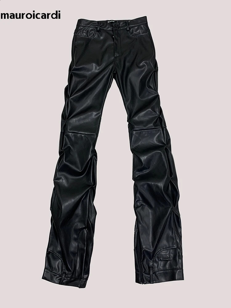 Mauroicardi Spring Long Fitted Ruched Skinny Soft Matte Black Pu Leather Stacked Pants Men y ner Punk Style Clothing 251023