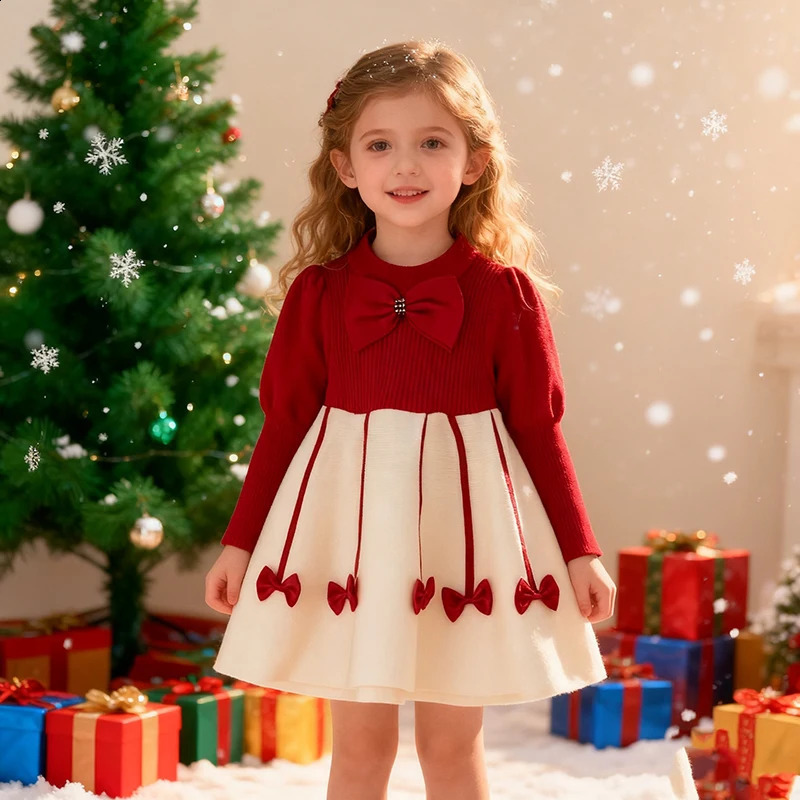 Christmas Party Dres Autumn Winter Girls Party Cute Wear Bow Decoration Princess Dress Christmas Kids Fashion Sweet Clothes 251022