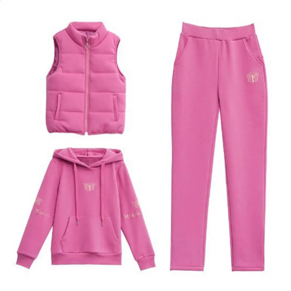 Autumn Winter Womens Casual Sweat Suit Fashion Plush Thickened Hooded Tops Waistcoat Pants 3 Three Piece Set For Women 251022