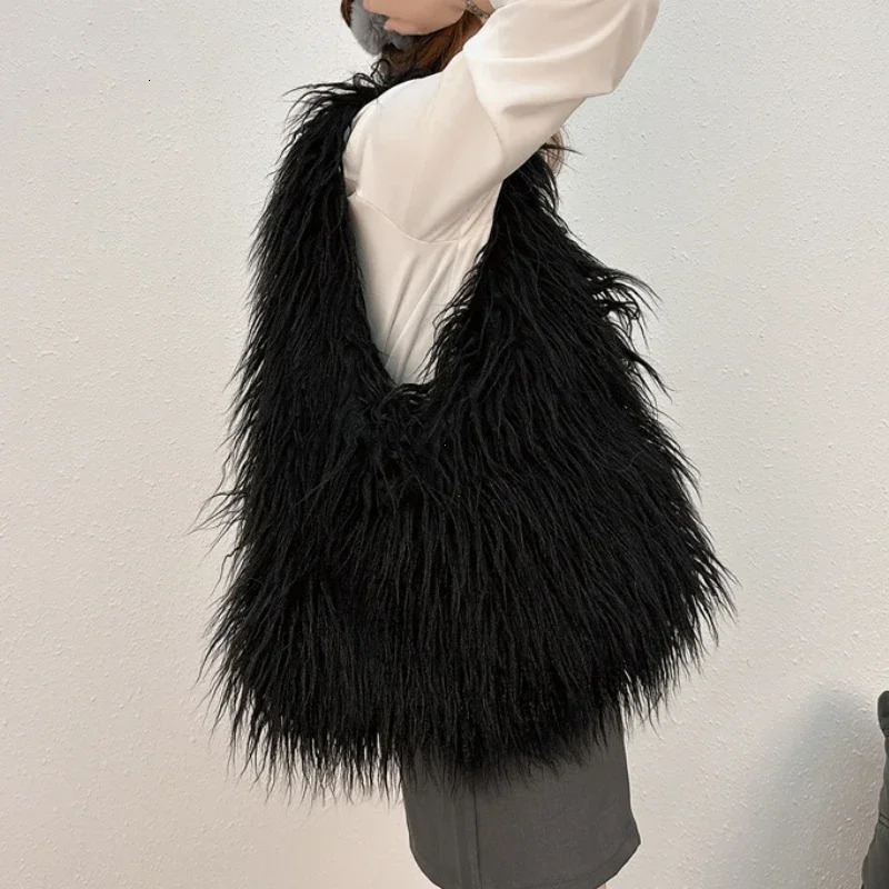 2025 Wool Womens Plush Shoulder Bags Y2k Girls Faux Fur Drawstring Bucket Bag Fashion Female Furry Purse Tote 251018