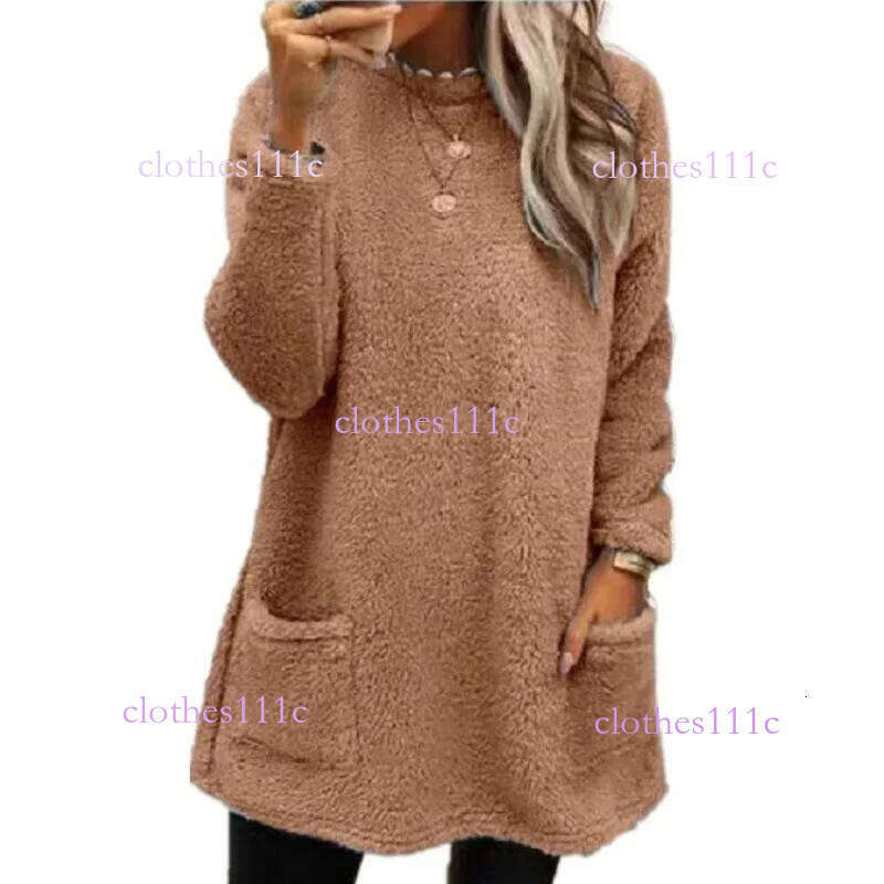 Autumn Winter O Neck Pullover Plush Hoodie Women Daily Commuter Casual Double Pockets Splice Hem Sweatshirt Female Long Warm Top