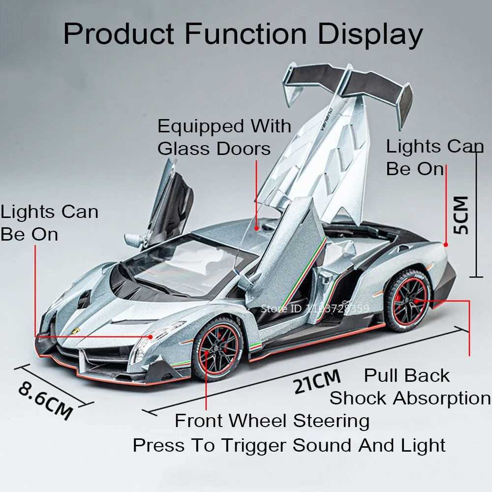 124 Countach LP500S VENENO Miniature Sports Car Model Toys Alloy Diecast Sound Light Pull Back Doors Opened Collection SupercarT251023