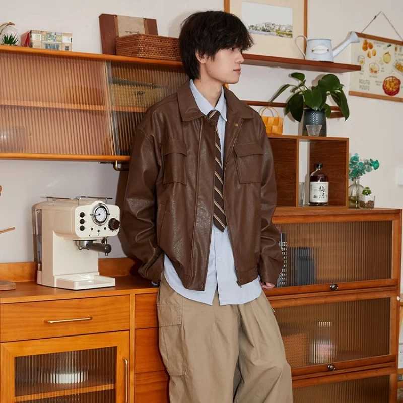 Japanese Mens Leather Jacket 2024 New Harajuku Retro Motorcycle Loose Couple Coat Big Pocket Lapel Bomber Outwear Y2k Trend W251023