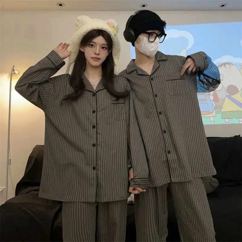 Couple Pajamas for Men Striped Sleepwear Korean Sleeping Night Wear Button Pijama 2 Pcs Pants Sets Autumn Pocket Home Suit 251021