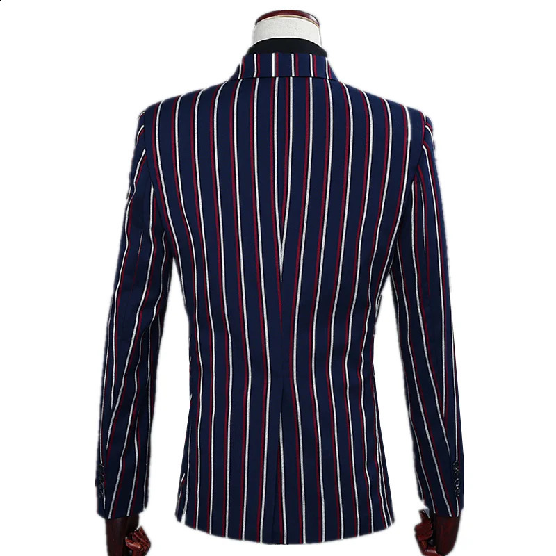 Navy Blue Mens Doublebreasted Suit Twopiece Set White Vertical Striped Jacket Paired with Matching Trousers Asian Size SXXL 251023