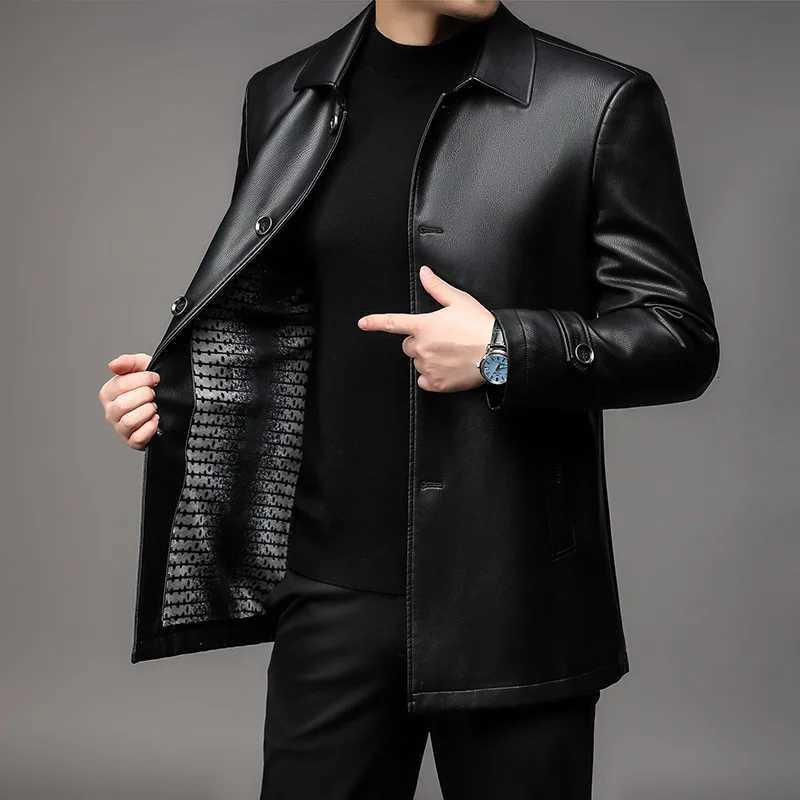 High Quality Mens Leather Jacket with Warm Fleece for Winter Turndown Collar Business Single breasted Leather Coat PU025 W251023