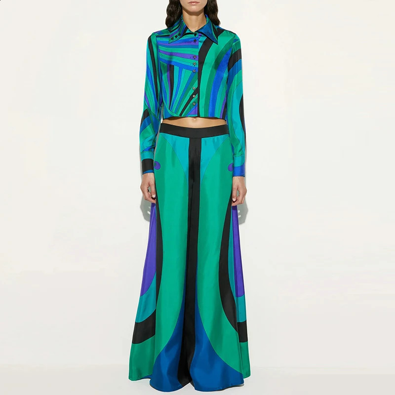 Autumn Loose Commute Outfits Elegant Crop Top Casual Two Piece Fashion Contrast Color Long Sleeve ShirtsWide Leg Pants Sets 251022