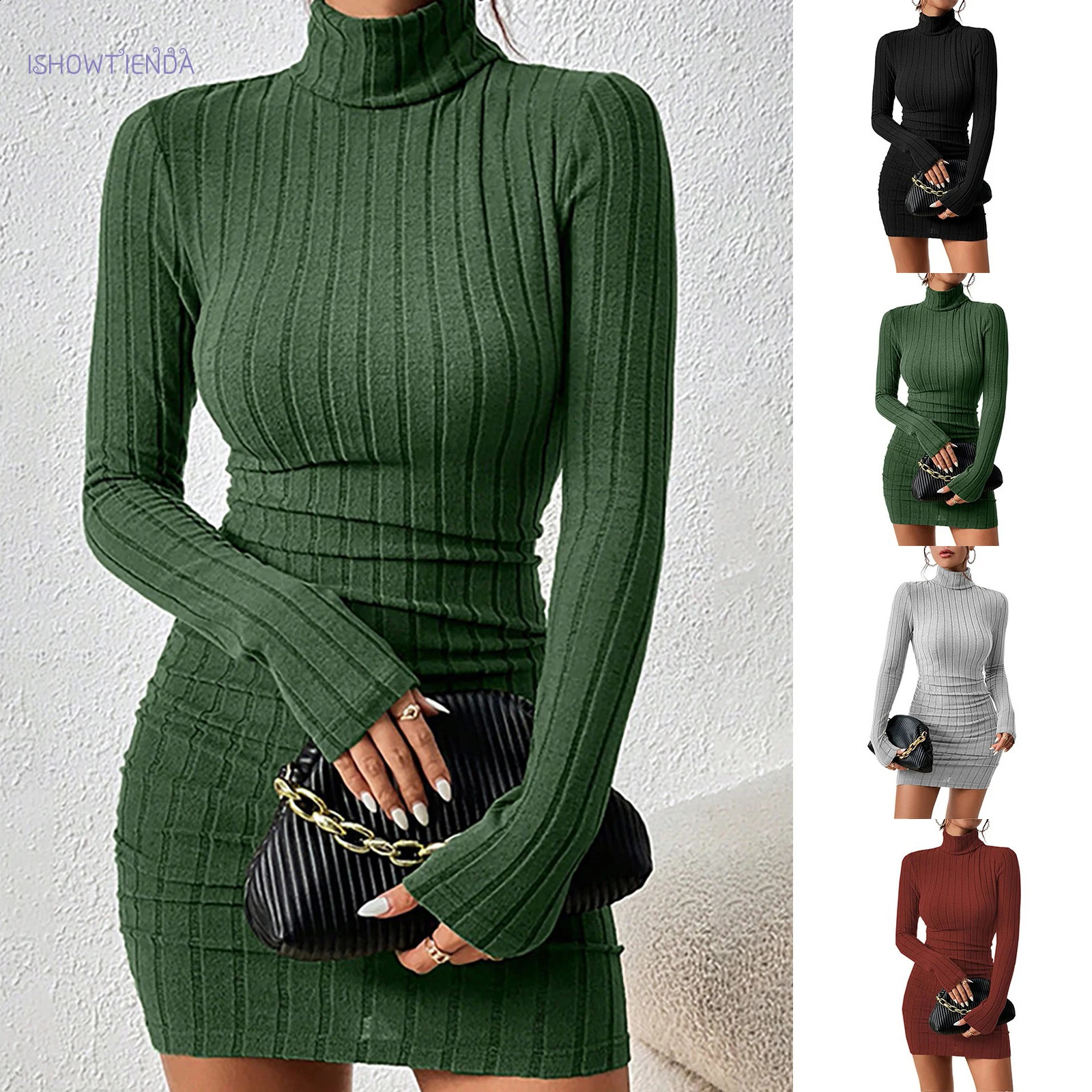 Knitted Bottoming Dress Women Elegant Party Autumn Winter Turtleneck Long Sleeves Sexy Sheath Mini Dresses Bodycon Club 251022