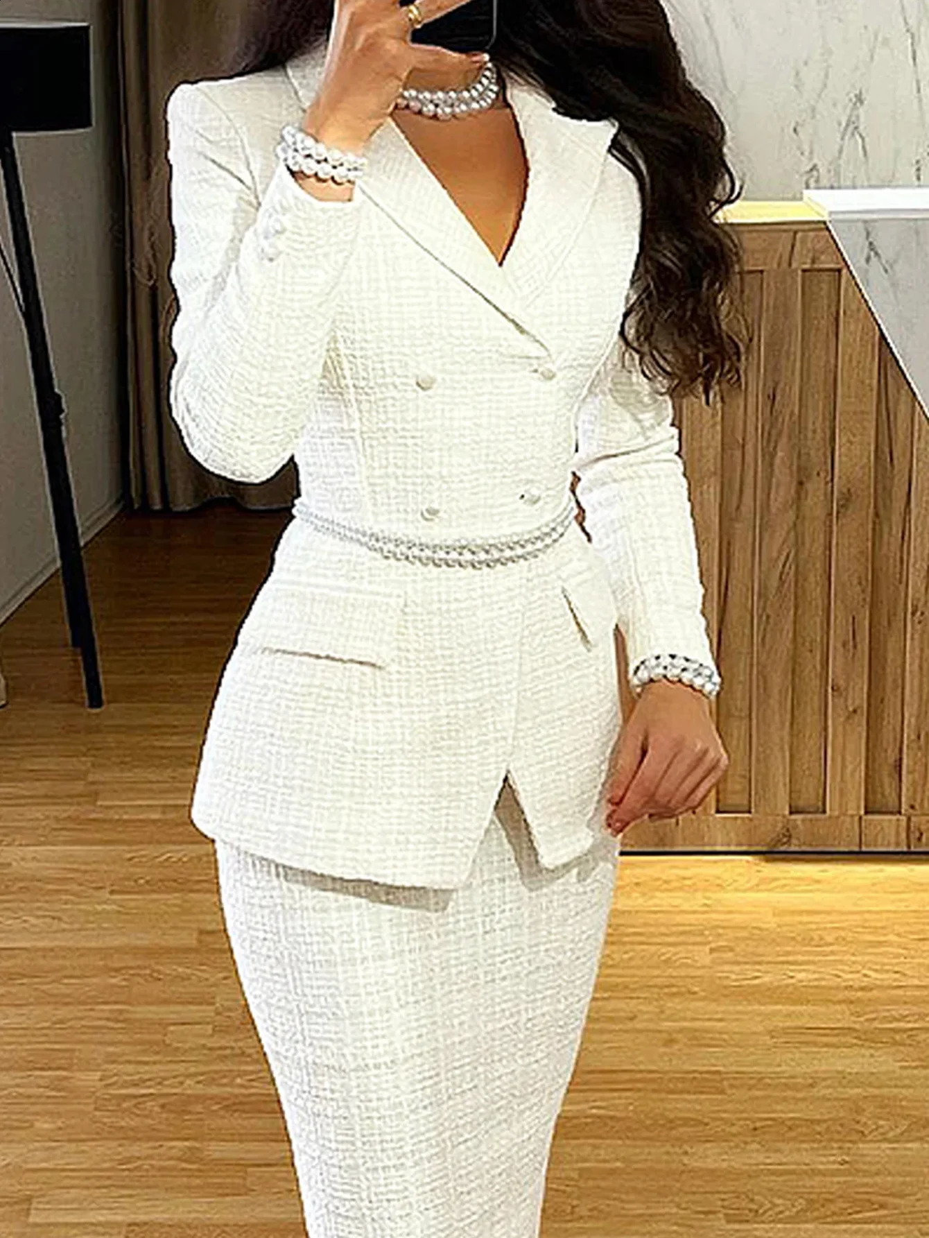 Fashionable and elegant urban regular fit lapel collar long sleeves solid color jacket suit skirt set belt n 251022