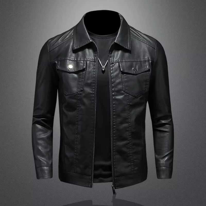 Mens lapel leather jacket autumn oversized slim motorcycle riding suit winter thickened PU leather waterproof work clothes W251023