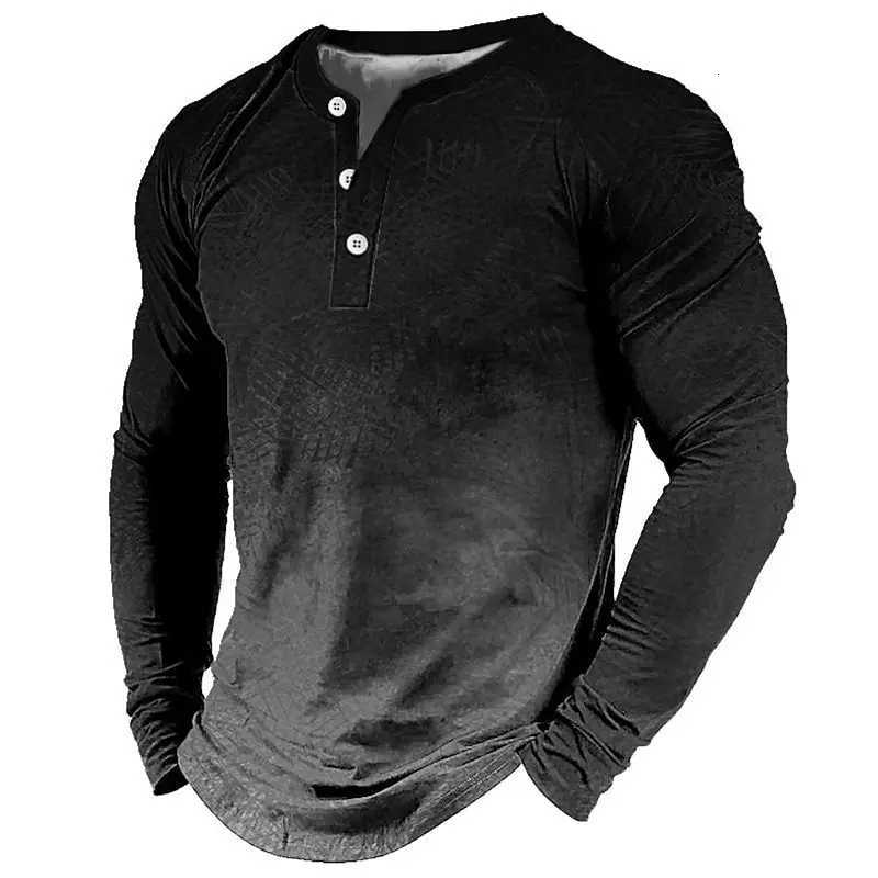 New Gradient 3D Printing Mens Henley Shirts Fashion Vintage Streetwear Oversized Button Long Sleeve T Shirt Tops Man ClothingXJ251023