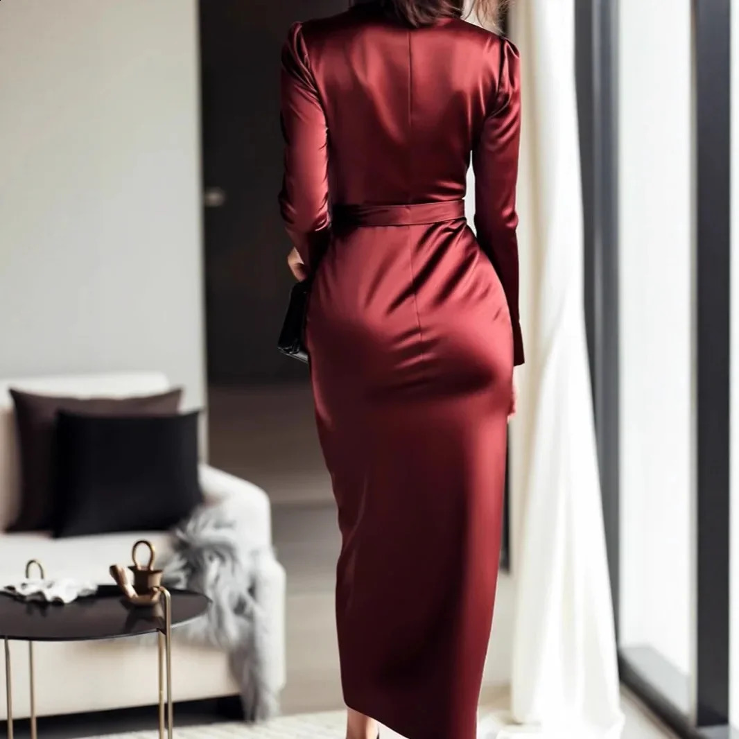 Elegant Satin Long Sleeve VNeck Gown with Waist Belt AnkleLength Dress Polished Autumn Style CrossBorder 251022