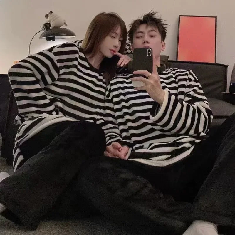 Couple Pajamas for Men Fleece Winter Sleepwear Korean Sleeping Night Wear 2 Pcs Pants Sets Oneck Warm Home Suit Striped Pijama 251021