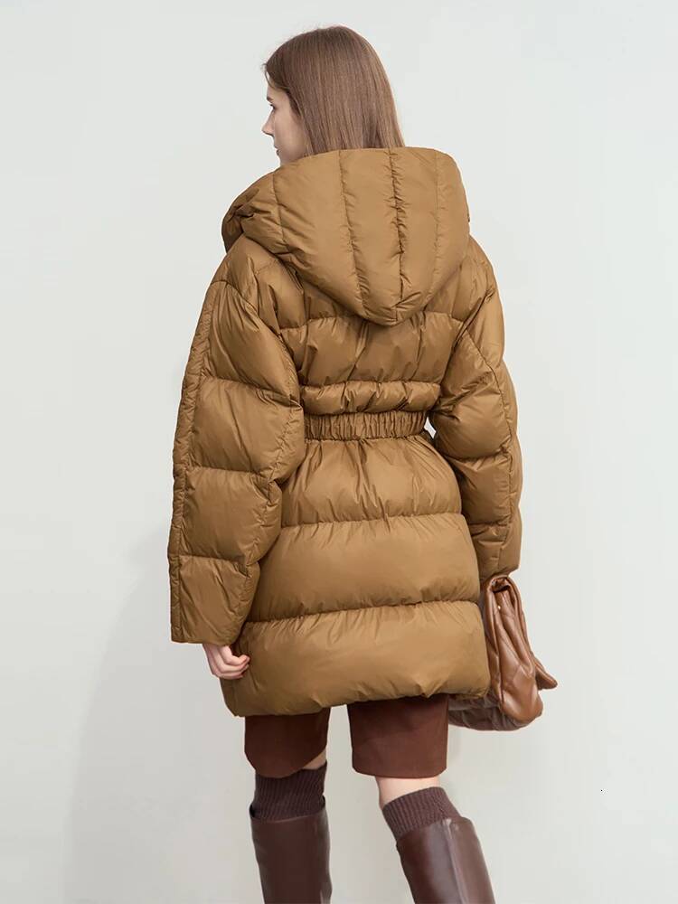 AMII Minimalist Hooded Jacket For Women 2025 Winter New Warm Duck Down With Belt Magnetic Buckle Loose Outerwear 12424001