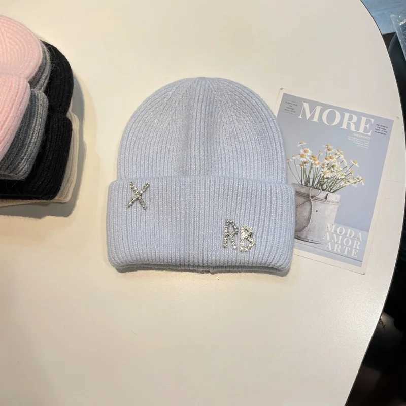 New Real Rabbit Fur Diamonds Letter Beanies Hats For Women Winter Warm Knitted Hat Famous Brand Lady Casual Bonnet Skiing CapXJ251023