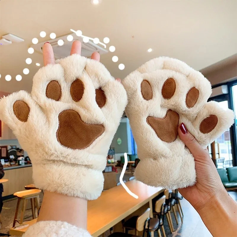 Lovely Plush Cat Claw Paw Gloves Plush Mittens Warm Soft Plush Short Fingerless Fluffy Bear Gloves Costume Half Finger Gloves 251021