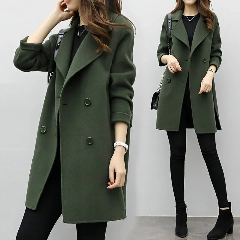 Plus Size Spring Autumn Winter Korean Style Fashion Simple Slimming Casual MidLength DoubleBreasted Woolen Coat 251020