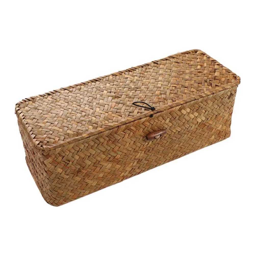 3 Grids Hand Woven Storage Baskets with Lid Dust Clothing Basket Storage Box Rectangular Wardrobe Container Sundries Organizer C251023