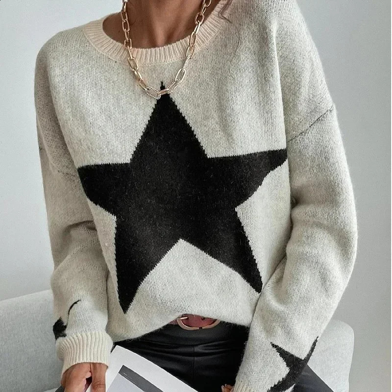 Star Sweater Pullover Women Autumn Spring Simple Knit Elastic Pullovers Jumper Casual Thick Warm Black White Basic Jumpers 251023