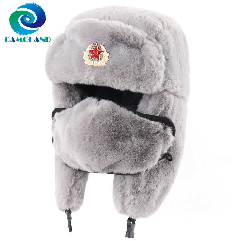 CAMOLAND Winter Thermal Faux Rabbit Fur Bber Hats Wen Men Soviet Army Military Badge Russia Hat Face Neck Earflap Snow sW251023