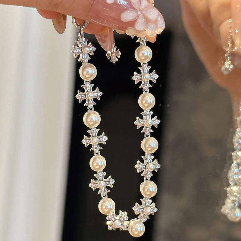 Sweet Cool Fashionable Exquisite Pearl Cross Adjustable Bracelet