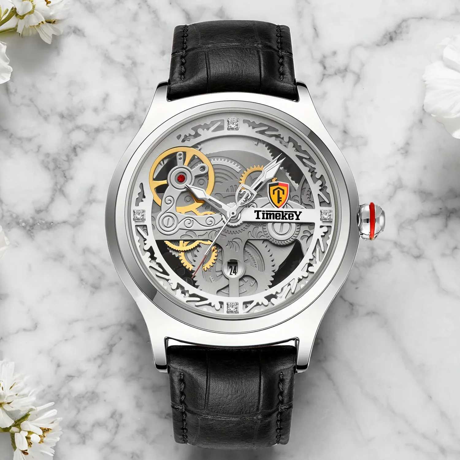TimeKeyFashion Classic Mechanical Style Stainless Steel Buckle Skeleton Dial Screw Crown Luminous Mens Quartz WatchL251023