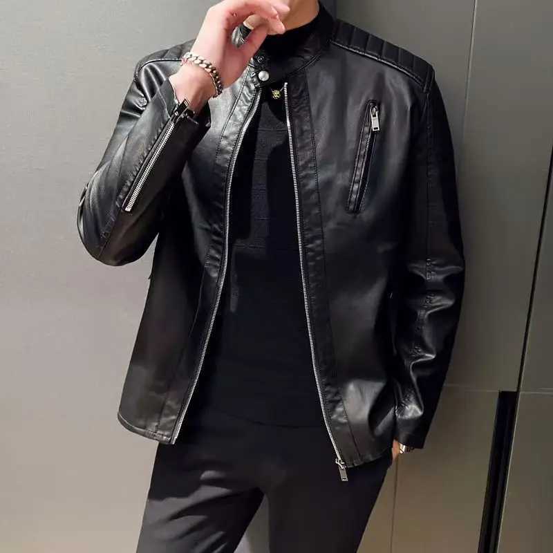 M4XL 5XL Mens Big Tall Faux Leather Jacket Stand Collar Slim Fit Biker Coat Windproof Motorcycle Jacket for Autumn Winter W251023