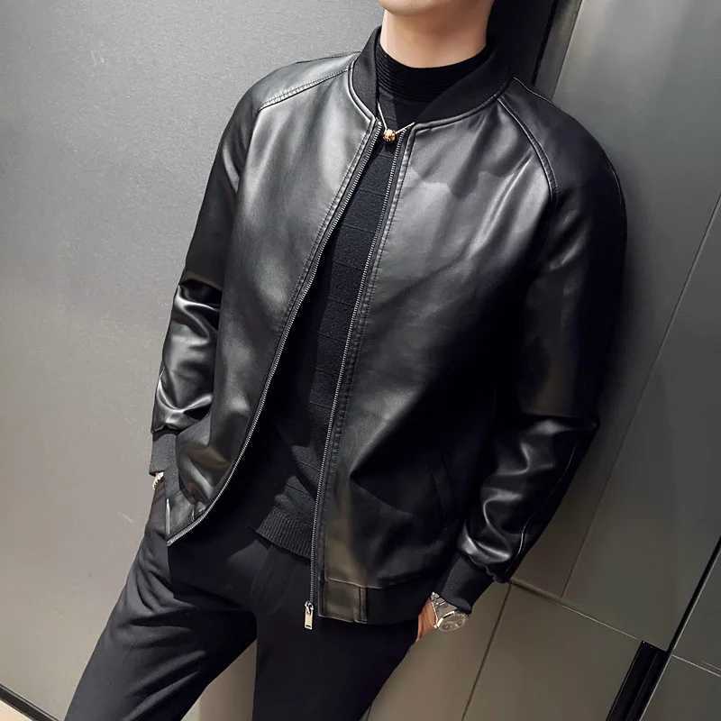 Faux Leather Cardigan Outerwear Men PU Leather Zipper Jacket Stand Collar Coats Long Sleeve Loose Fit Solid High Street W251023