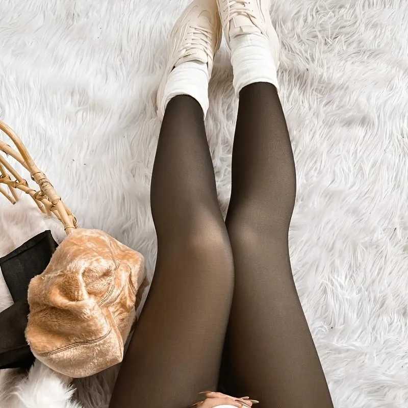 Pure color autumn and winter black skintight fleecelined leggings onepiece pantyhose warm thick elegant sheer liningT251023