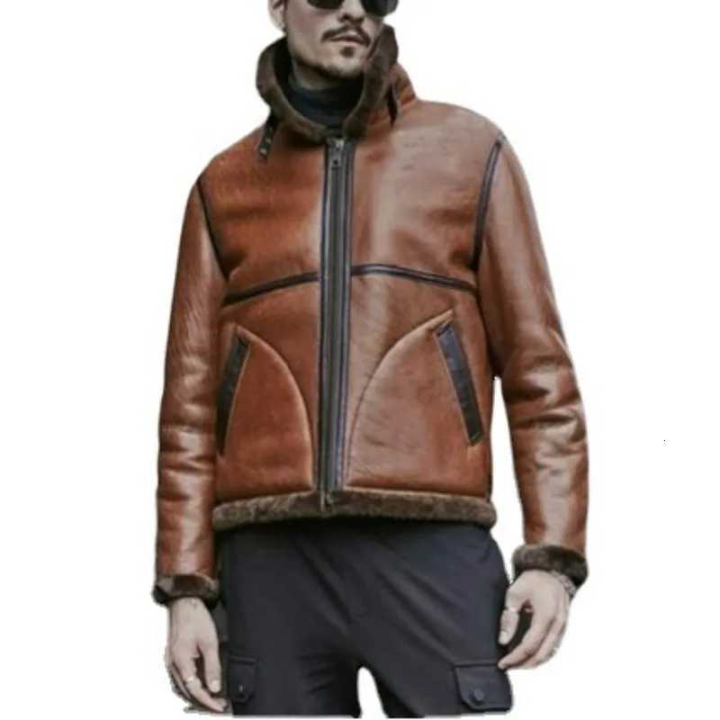 Mens Coats Winter Jackets Leather and Fur Integrated Autumn and Winter Twocolor Spliced Flying Jacket Men Clothing Brown Color W251023