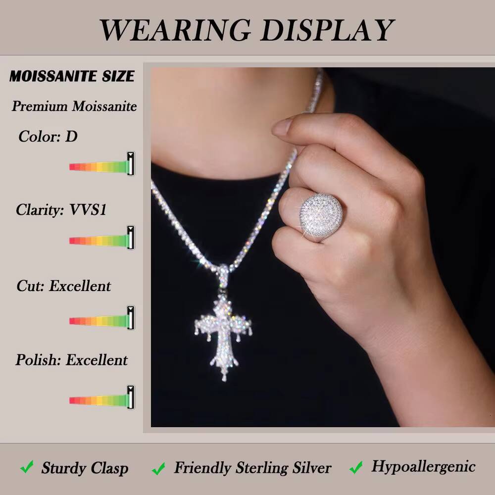 Mens Womens 925 Silver Platinum Plated Full Iced out Moissanite round Ring Hip Hop Style Statement Jewelry Accessory